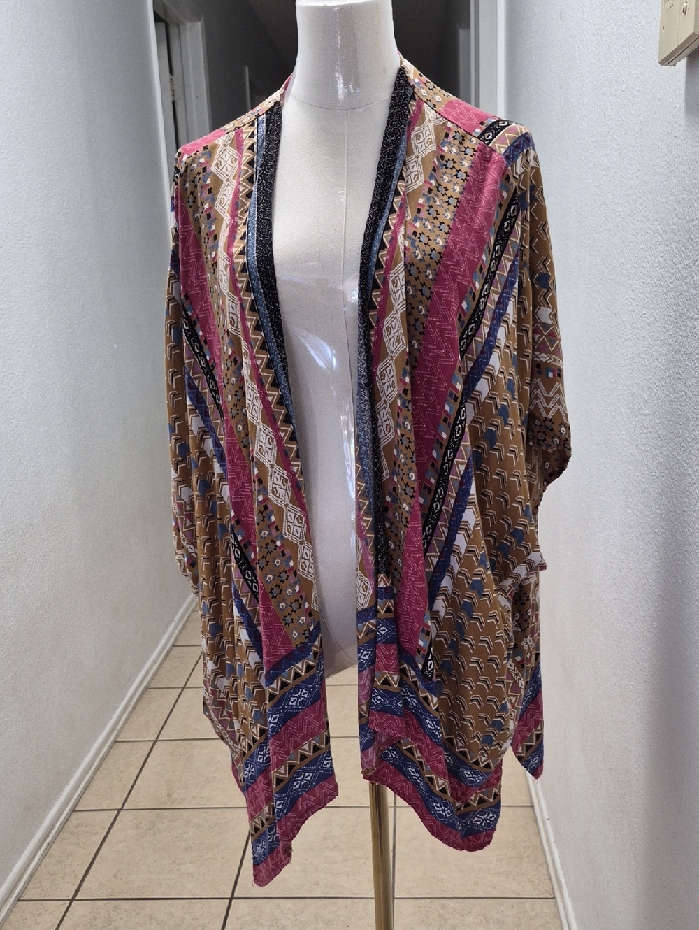 Angie Multicolor Boho Print Kimono - Pink, Mustard & Navy